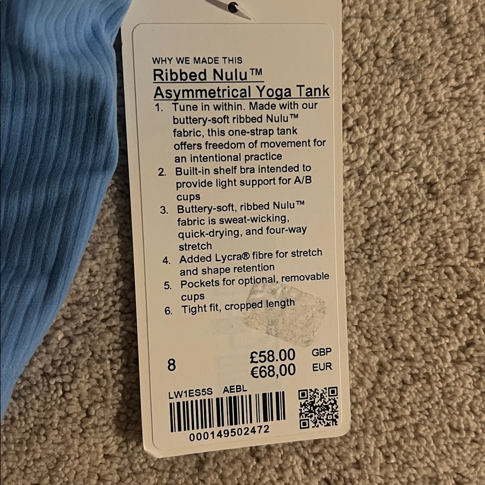 NWT size 8 aero blue lululemon ribbed nulu asymmetrical yoga tank - Picture 6 of 7